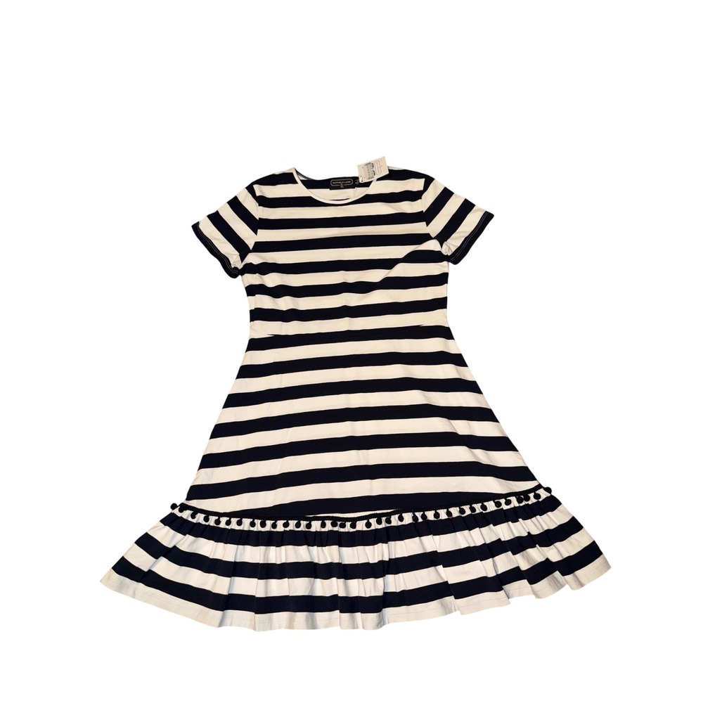 Duffield Lane Paige Pom Pom Dress Navy Stripe Short Sleeve Ruffle Hem Small NEW